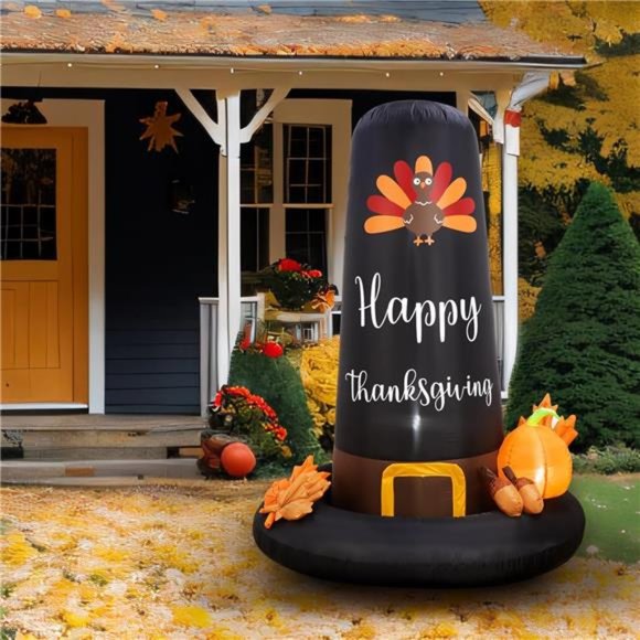 DomKom 6FT Thanksgiving Inflatables Turkey Family, Turkey  Thanksgiving Inflatables, 6FT Pilgrim Hat Turkey Inflatable Built-in LED Lights
